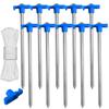 ABCCANOPY 15 Inch Tent Stakes 10 Pcs Non-Rust Metal Ground Anchors, Heavy Duty Spikes with 4 Ropes for Outdoor Camping, Blue view 1