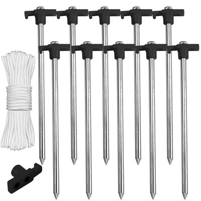 ABCCANOPY 8 Inch Tent Stakes 10 Pcs Non-Rust Metal Ground Anchors, Heavy Duty Spikes with 4 Ropes for Outdoor Camping, Black