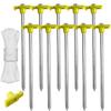 ABCCANOPY 8 Inch Tent Stakes 10 Pcs Non-Rust Metal Ground Anchors, Heavy Duty Spikes with 4 Ropes for Outdoor Camping, Yellow view 1