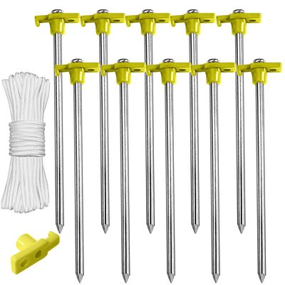ABCCANOPY 15 Inch Tent Stakes 10 Pcs Non-Rust Metal Ground Anchors, Heavy Duty Spikes with 4 Ropes for Outdoor Camping, Yellow
