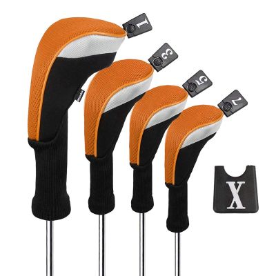 Andux 4pcs/Set Mesh Golf 460cc Driver Fairway Wood Club Head Covers Long Neck with No. Tags Black/Orange
