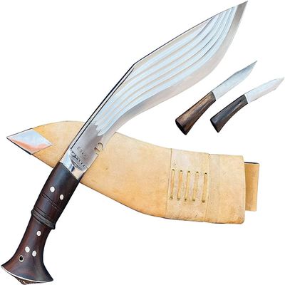 EGKH Kukri Supplier - 14" long blade 5 Chirra (5 fuller) Khukuri - dark Rosewood full tang handle & white colored natural leather sheath-handmade in Nepal
