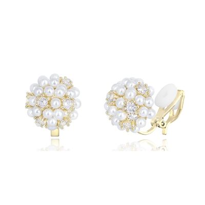 YOQUCOL Simulated Pearl Flower-Cluster Shape Golden Tone Small Clip On Stud Earrings Non Pierced Bridal-Elegant Jewelry for Women