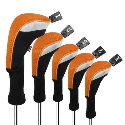 Andux 5pcs/Set Mesh Golf 460cc Driver Fairway Wood Club Head Covers Long Neck with No. Tags Black/Orange