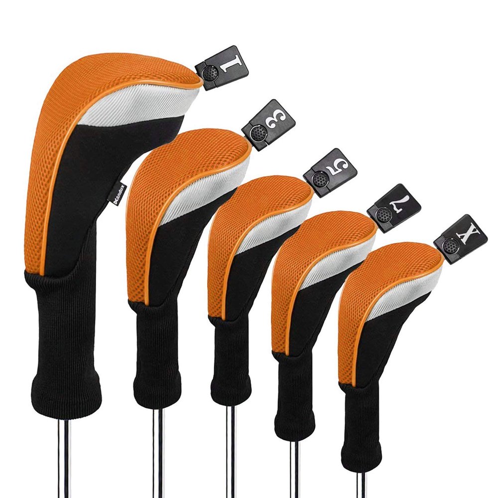 Andux 5pcs/Set Mesh Golf 460cc Driver Fairway Wood Club Head Covers Long Neck with No. Tags Black/Orange