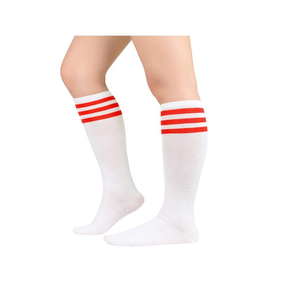 Century Star Knee High Striped Socks for Women - Long Thin Tube Sports Thigh High Socks Tall Stockings 1 Pack White Red