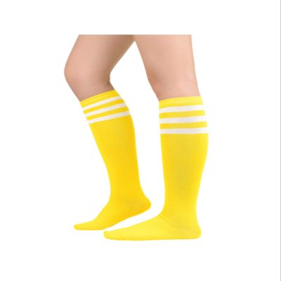 Century Star Yellow Knee High Socks - Long Thin Athletic Socks for Women with Three White Stripes