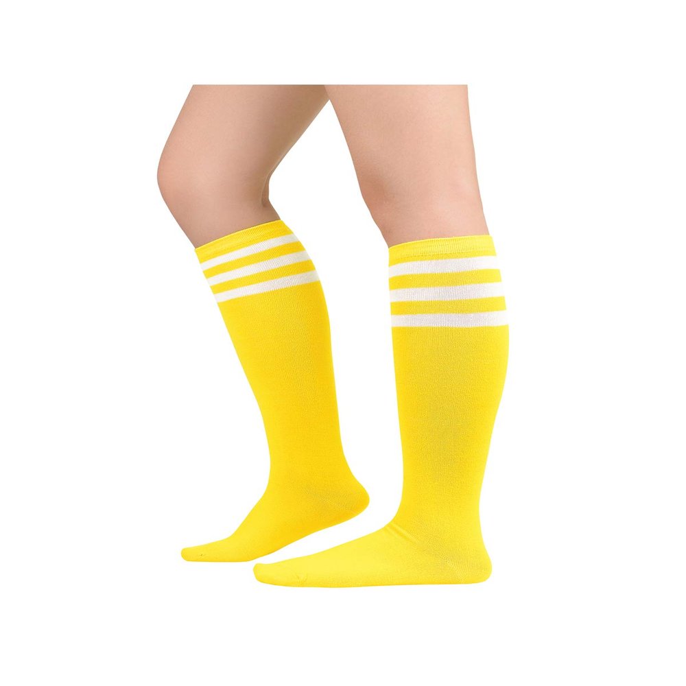 Century Star Yellow Knee High Socks - Long Thin Athletic Socks for Women with Three White Stripes