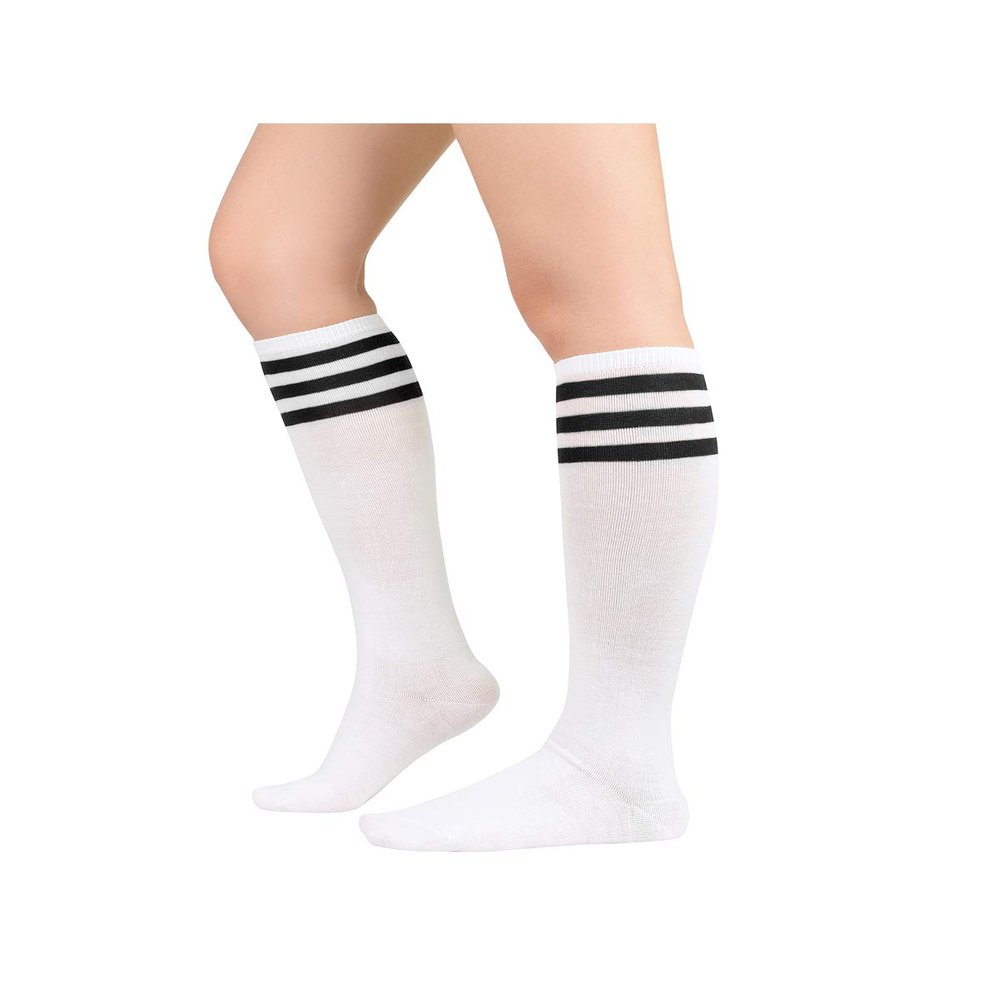 Century Star Knee High Striped Socks for Women - Long Thin Tube Sports Thigh High Socks Tall Stockings 1 Pack White Black