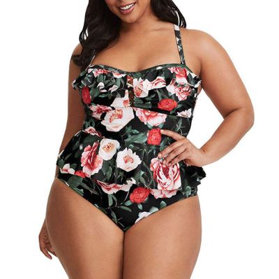 GTHTTT Women's 2 Piece Swimwear High Waisted Plus Size Swimsuits Floral Beach Bikini,Black,XXLarge