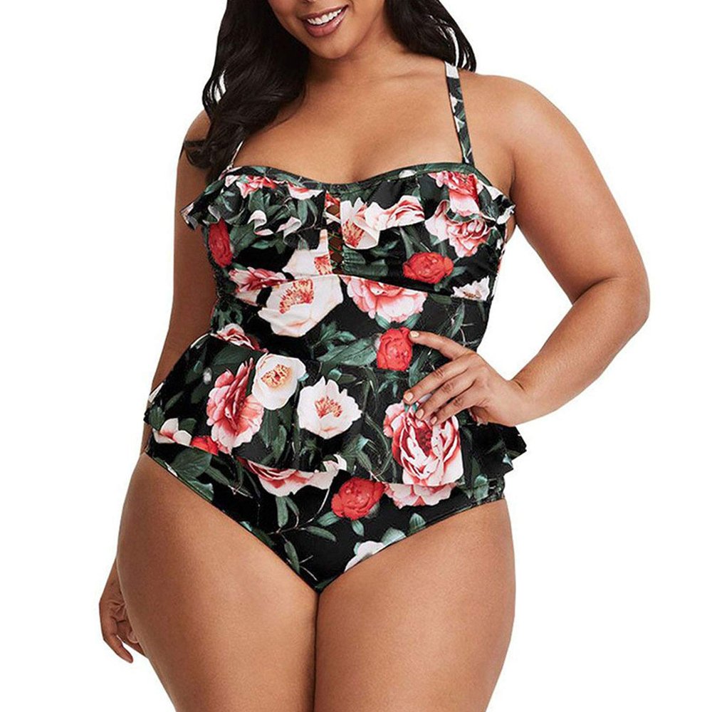 GTHTTT Women's 2 Piece Swimwear High Waisted Plus Size Swimsuits Floral Beach Bikini,Black,XXLarge