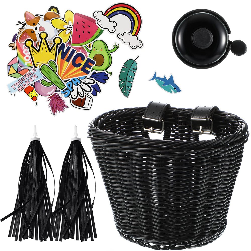 Boao Kid's Bicycle Basket Streamers Set, Unicorn Children's Bike Handlebar Wicker Basket Bike Streamers Bell and Stickers,Bike Basket Front Decoration for Girls (Black)