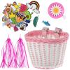Boao Kid's Bicycle Basket Streamers Set, Unicorn Children's Bike Handlebar Wicker Basket Bike Streamers Bell and Stickers,Bike Basket Front Decoration for Girls (White and Pink) view 1