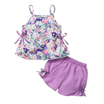 JLKGICF 2Pcs Toddler Girl Summer Clothes Spaghetti Strap Floral Tank Top Vest & Solid Shorts Set Girls Camisole Outfits Playsuit (Purple,3-4T,)