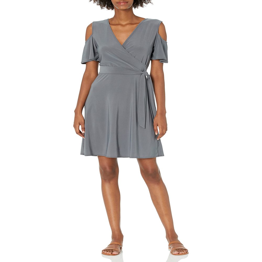 Star Vixen Women's Cutout Cold Shoulder Short Sleeve Faux Wrap Dress
