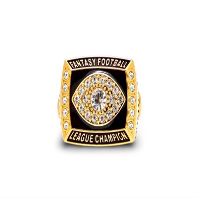 FANTASYJOCKS Fantasy Football Championship Ring Ringer Gold Black Glass Stones FFL Champion Trophy Award Prize Sports Winner Size 14