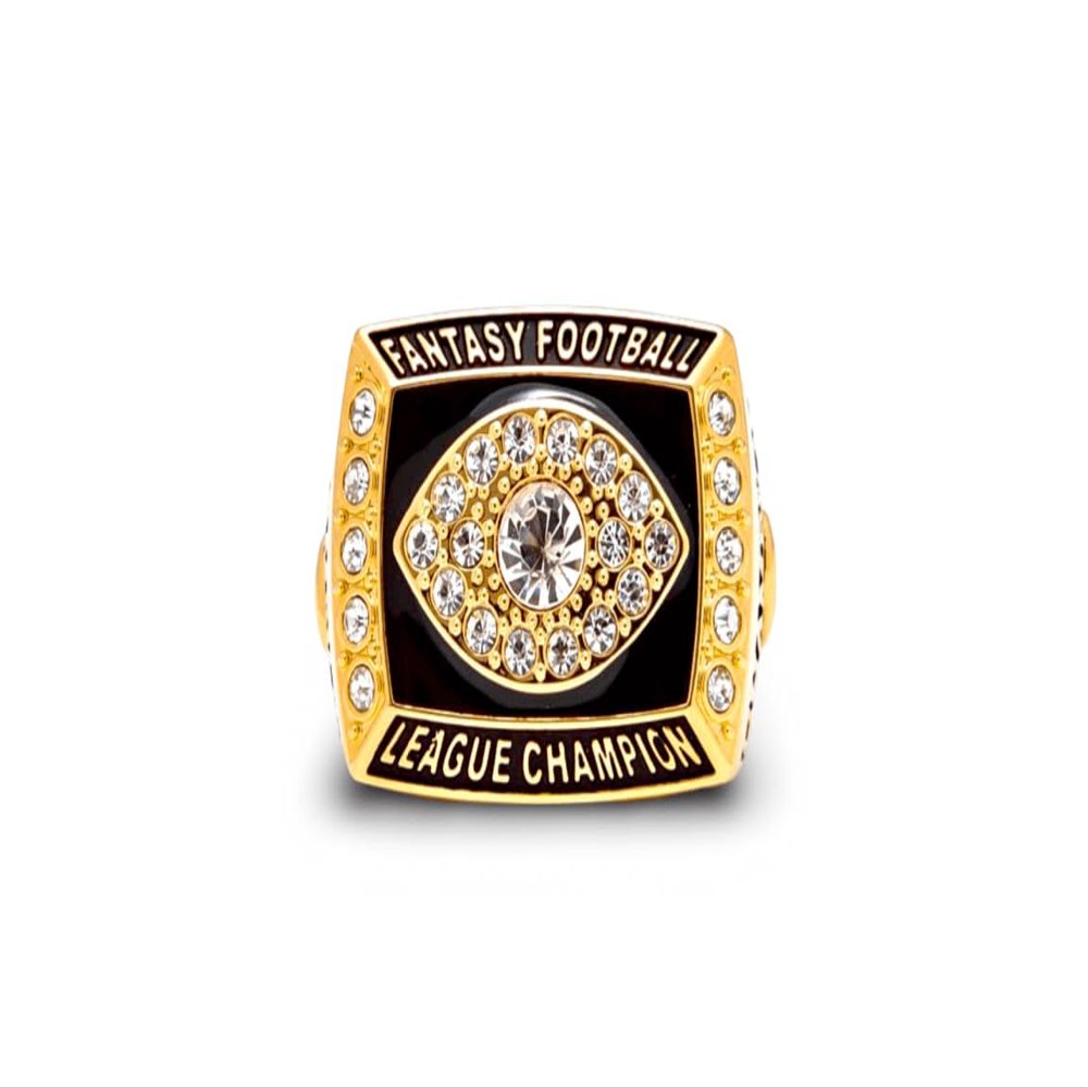 FANTASYJOCKS Fantasy Football Championship Ring Ringer Gold Black Glass Stones FFL Champion Trophy Award Prize Sports Winner Size 10