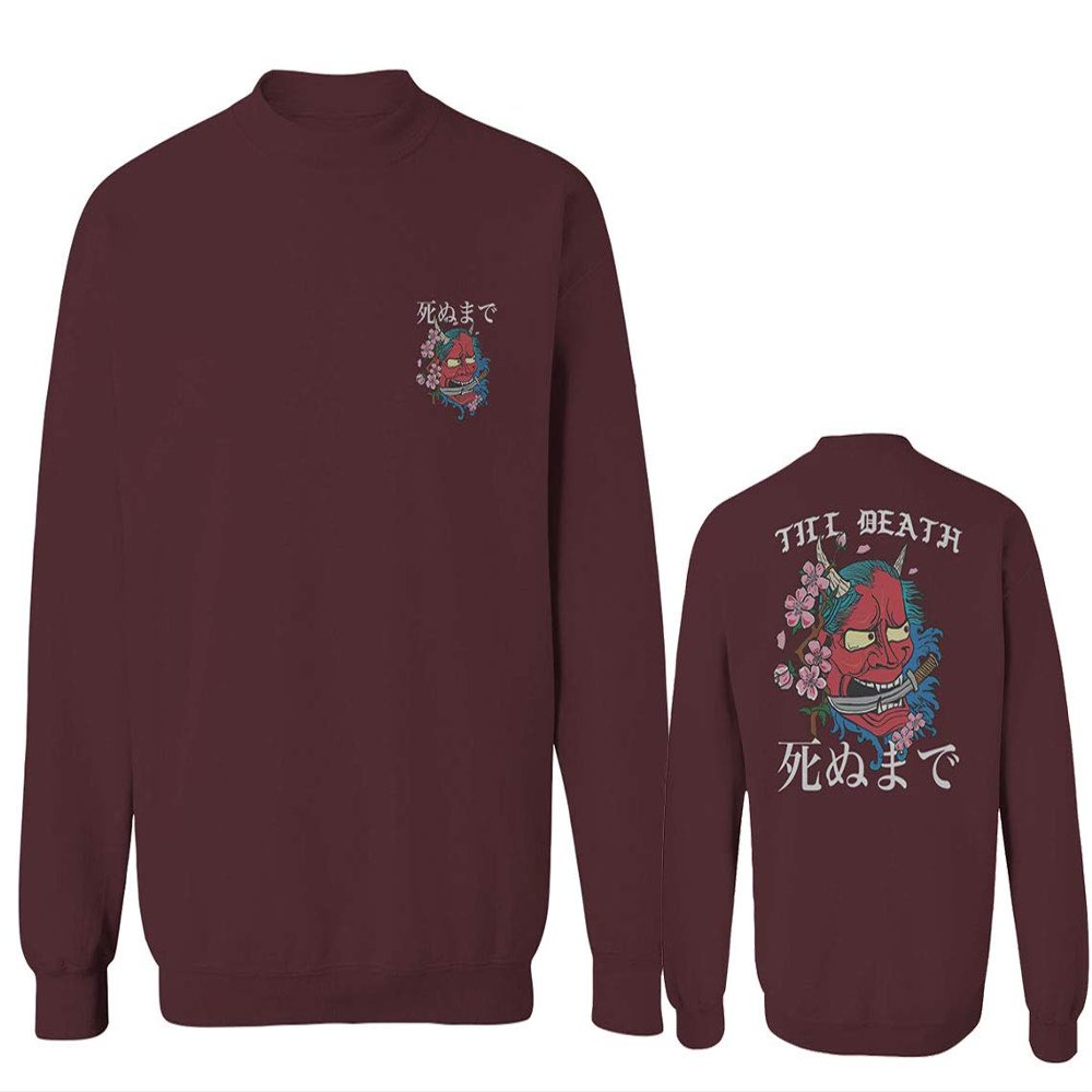 0248. Demon Graphic Traditional Japanese Till Death Anime Aesthetics Society Men's Crewneck Sweatshirt (Maroon Medium)