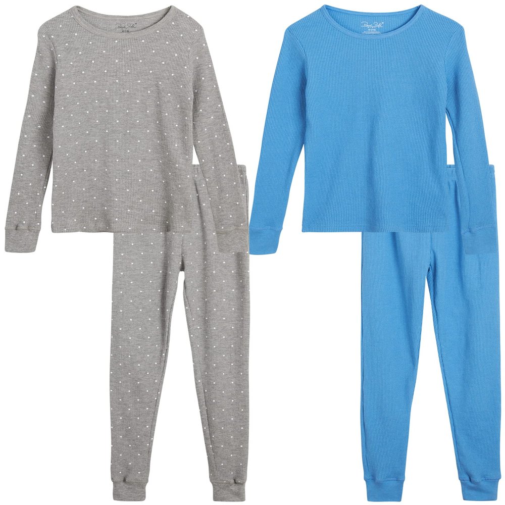 Rene Rofe Girls Thermal Underwear Set - 4 Piece Waffle Knit Long Sleeve Thermal Shirt and Long Johns Thermal Pants Set, Size 4T, Marina/Heather Grey Dots