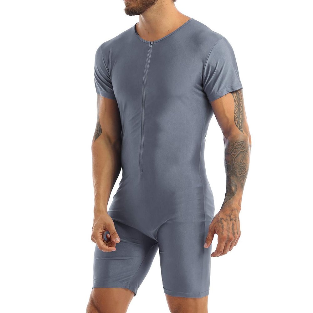 Yeeye Men's One Piece Wrestling Singlet Leotard Front Zipper Boxer Shorts Bodysuit for Gymnastics Gray XX-Large