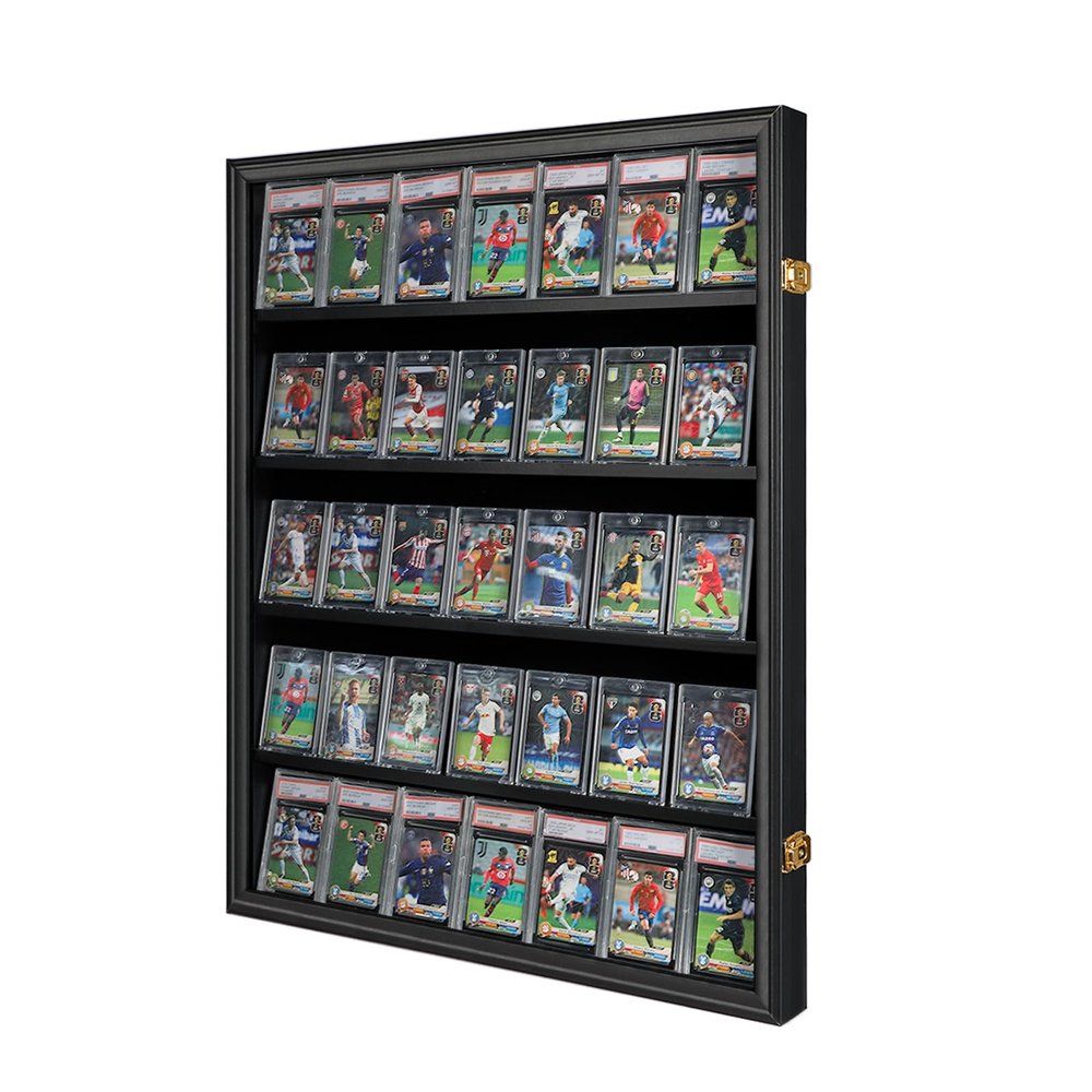 35 Graded Sports Card Display Case - Baseball Card Display Frame with UV Protection Clear View Lockable Wall Cabinet for Basketball Collectible Trading Card Black Finish