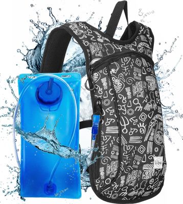 Vibe Hydration Pack Backpack with 2L Bladder for Women, Men, Teens, Kids - Sports, Outdoor, Running, Camping, Hiking, Festivals, Raves (Black&White)
