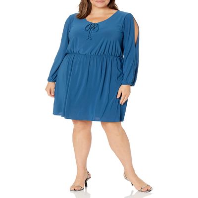 Star Vixen Women's Long Slit and Tacked Sleeve Elastic Waist Keyhole Tiefront Ity Knit Peasant Dress Teal