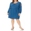 Star Vixen Women's Long Slit and Tacked Sleeve Elastic Waist Keyhole Tiefront Ity Knit Peasant Dress Teal view 1