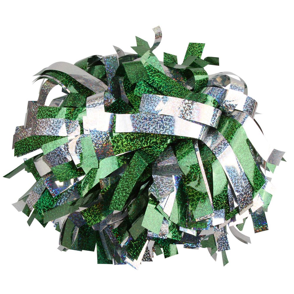 Cheerleading Pom Poms Metalic Holographic Cheerleader with Baton Handle 6 inch 1 Pair 2 Pieces (Kelly Green/Silver)