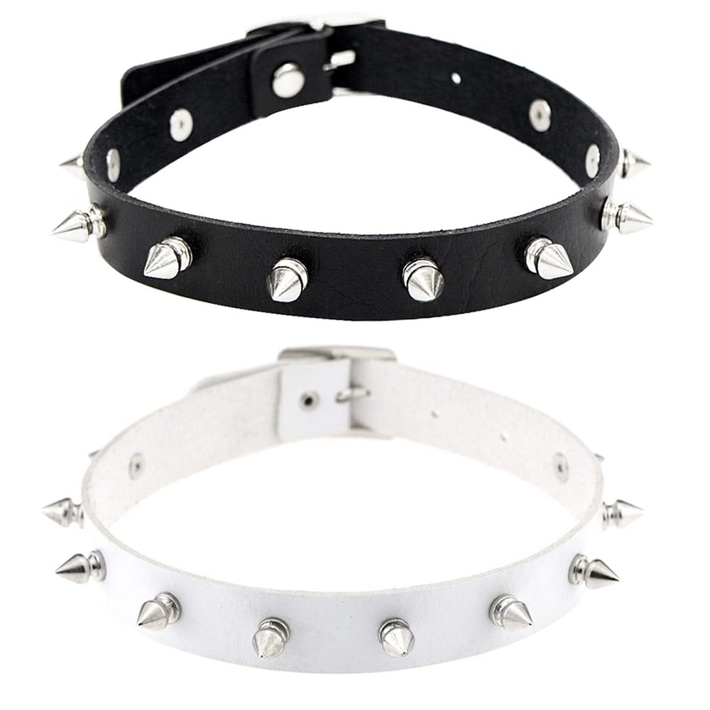 Aabellay 2PCS Choker Necklace PU Leather Goth Choker Collar with Rivet Spike Punk Rock Collar Adjustable Size Black and White