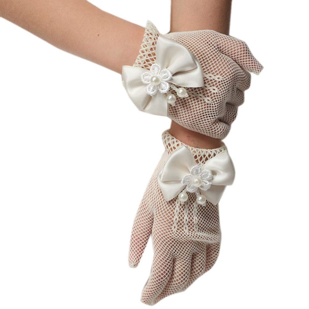 LeJulyeekay Lace Communion Gloves Wedding Pageant Princess Flower Girls Gloves (C-ivory)