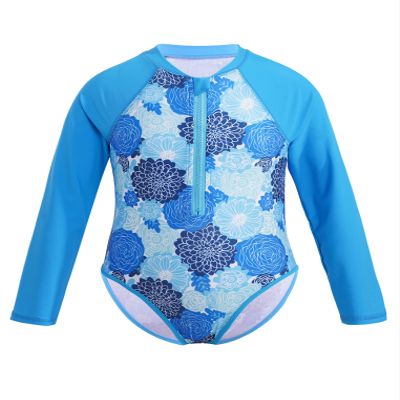 Freebily Girls One Piece Rash Guard Swimsuit Long Sleeve Printed Zippered Bathing Suit Blue Flower 12