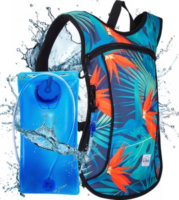 Vibe Hydration Pack Backpack with 2L Bladder for Women, Men, Teens, Kids - Sports, Outdoor, Running, Camping, Hiking, Festivals, Raves (Tropical Hawaii)