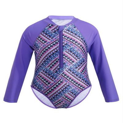 Freebily Girls One Piece Rash Guard Swimsuit Long Sleeve Printed Zippered Bathing Suit Purple 14