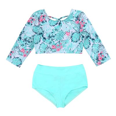 iiniim Kids Girls 2 Piece Long Sleeve Tankini Swimsuit Bathing Suit Gymnastic Workout Shorts Outfit Green Palm Leaf 4
