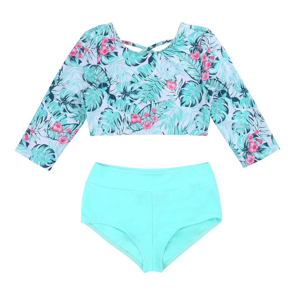 iiniim Kids Girls 2 Piece Long Sleeve Tankini Swimsuit Bathing Suit Gymnastic Workout Shorts Outfit Green Palm Leaf 4