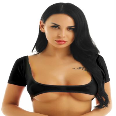 Sholeno Womens Sexy Mesh Transparent Open Bust Short Sleeve Belly Dance Crop Top Half Shirts Black One Size