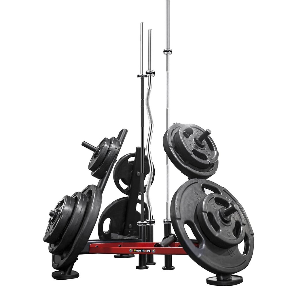 SHAPE FIT CORE Barbell Olympic Plate Tree Storage 3-Racks - Dumbbell Weight Rack with 6 Weight Pegs, 660LBS Capacity & three Standard 1.1 Inch(28mm) Diameter Bar Holders