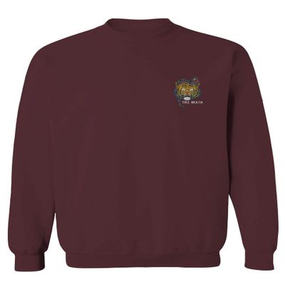 0252. Tiger Graphic Traditional Japanese Tattoo Till Death Society Men's Crewneck Sweatshirt (Maroon Large)