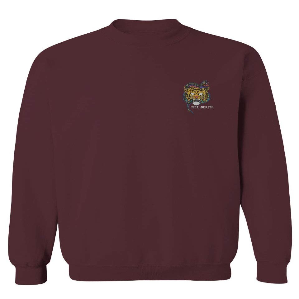 0252. Tiger Graphic Traditional Japanese Tattoo Till Death Society Men's Crewneck Sweatshirt (Maroon Large)