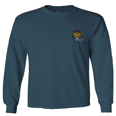 0252. Tiger Graphic Traditional Japanese Tattoo Till Death Society Men's Long Sleeve t Shirt (Indigo Blue 2X Large)