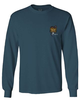 0252. Tiger Graphic Traditional Japanese Tattoo Till Death Society Men's Long Sleeve t Shirt (Indigo Blue X-Large)