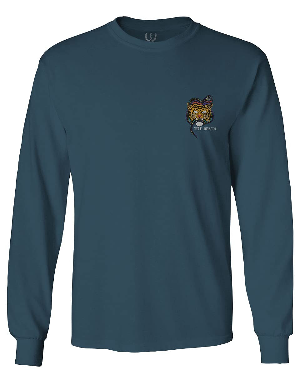 0252. Tiger Graphic Traditional Japanese Tattoo Till Death Society Men's Long Sleeve t Shirt (Indigo Blue X-Large)