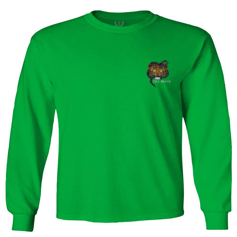 0252. Tiger Graphic Traditional Japanese Tattoo Till Death Society Men's Long Sleeve t Shirt (Irish Green Small)