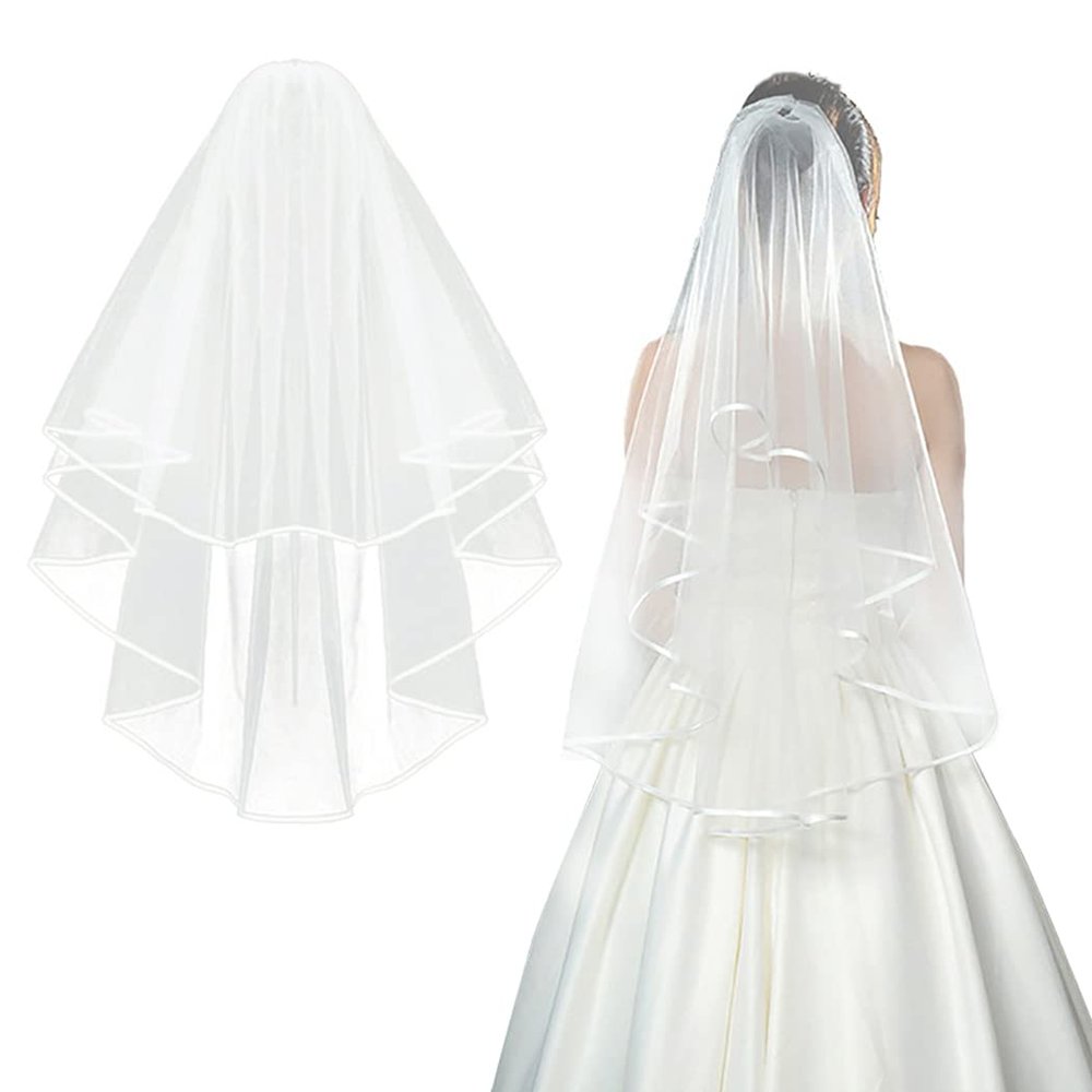 umbresen Bridal Veil Wedding Veils Women's Off White Tulle Short Veils Ribbon Edge With Comb for Brides Bachelorette Hen Party Costume (Off White)