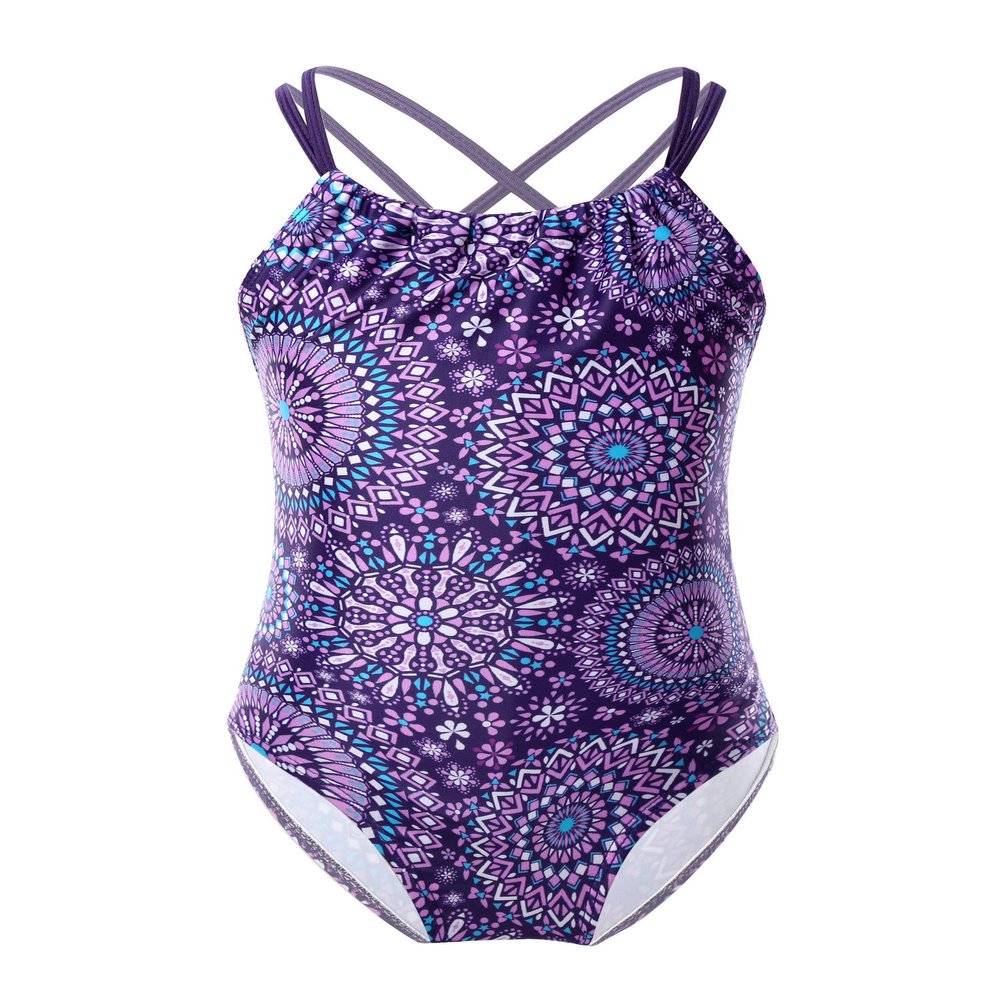 renvena Kids Girls One Piece Swimsuit Criss Cross Bohemian Summer Beach Swimwear Bathing Suit Romper Purple 3-4