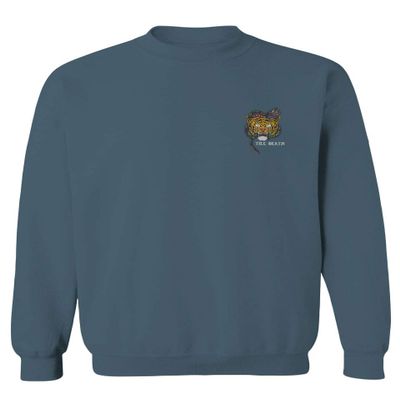 0252. Tiger Graphic Traditional Japanese Tattoo Till Death Society Men's Crewneck Sweatshirt (Indigo Blue X-Large)