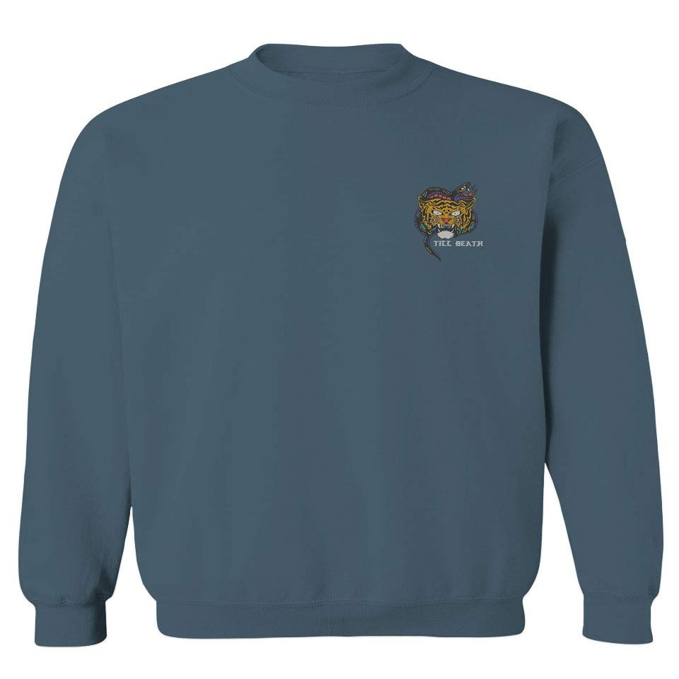 0252. Tiger Graphic Traditional Japanese Tattoo Till Death Society Men's Crewneck Sweatshirt (Indigo Blue X-Large)