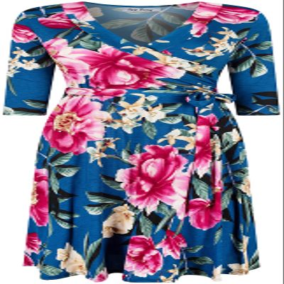 Bon Rosy Women's #MadeInUSA Wedding Guest Baby Bridal Shower 3/4 Sleeve V-Neck Printed Knee Length Midi Faux Wrap Floral Dress Casual Party Resort Summer Spring Nursing Church Pregancy Teal S