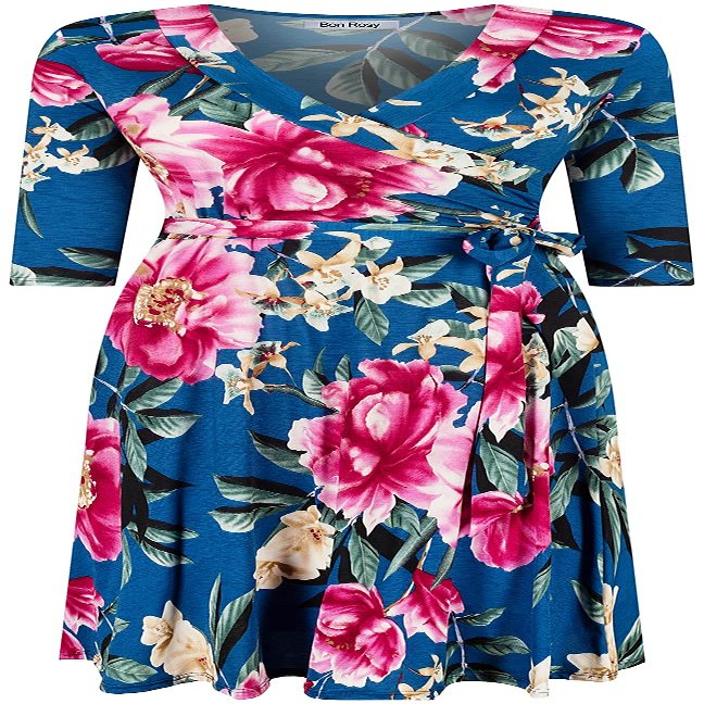 Bon Rosy Women's #MadeInUSA Wedding Guest Baby Bridal Shower 3/4 Sleeve V-Neck Printed Knee Length Midi Faux Wrap Floral Dress Casual Party Resort Summer Spring Nursing Church Pregancy Teal S